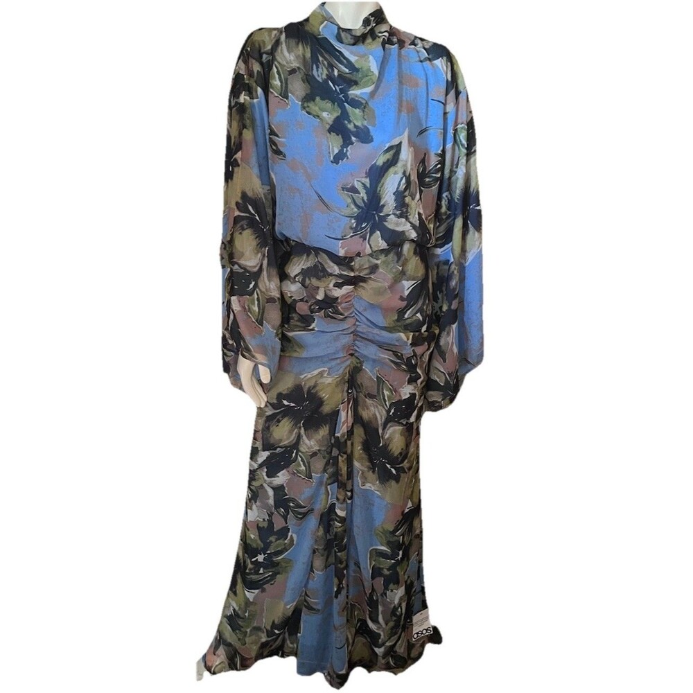 ASOS Blue Multicolor Floral Maxi Dress Volume Sleeve Ruched NEW Size 14